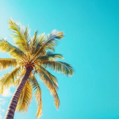 Tropical Vibes: Palm Tree Against a Panoramic Blue Sky, coconut palm tree