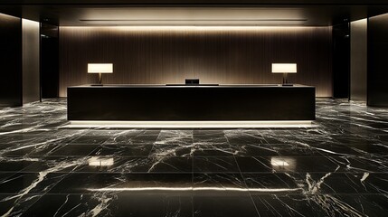 Modern hotel lobby reception desk, marble floor, night