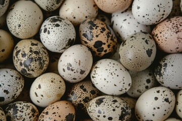 Obraz premium Close-up of speckled quail eggs in varied patterns. Neural network AI generated