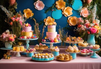 Fototapeta premium colorful whimsical dessert table display featuring variety assorted sweets visually appealing celebrations, cake, pastries, treats, cookies, candies