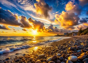 Obraz premium Black Sea Sunset: Sochi's Stone Beach Bokeh Photography - Breathtaking Coastal Scene