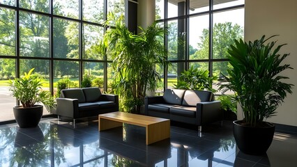 A bright and modern indoor seating area featuring black sofas, a wooden coffee table, and lush greenery by large windows. Concept Modern Indoor Decor, Black Sofas, Wooden Coffee Table, Lush Greenery