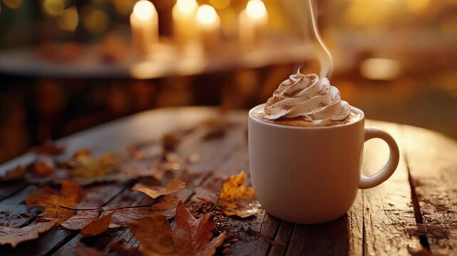 Warm steam rising from pumpkin spice latte topped with whipped cream, sprinkled with cinnamon, sitting on wooden table amid fall leaves and soft candlelight