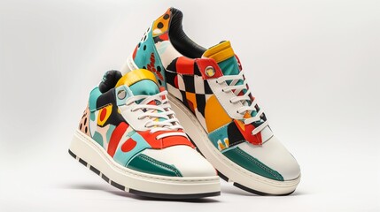 A pair of designer sneakers with modern patterns and bold colors, positioned against a white background. The high-resolution shot captures the shoe's fine details.