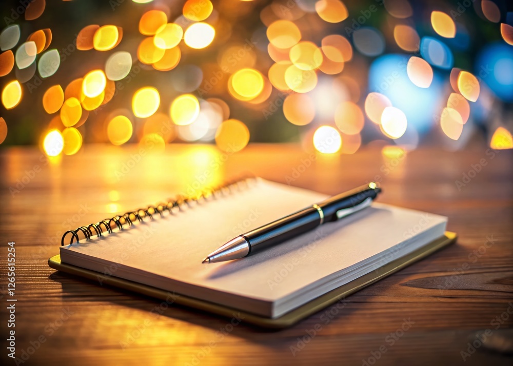 Poster blank notepad on office desk with bokeh background - stock photo