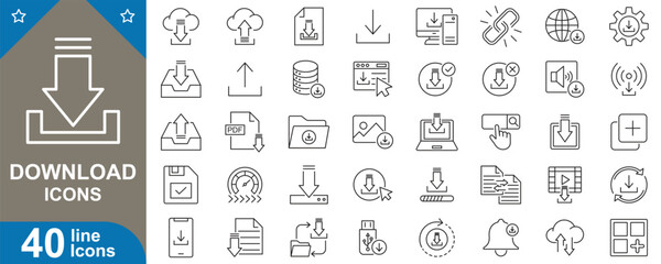 Download icons set vector illustration. Modern flat design business, technology, social media, file download, e-commerce, web and mobile app icons and more.