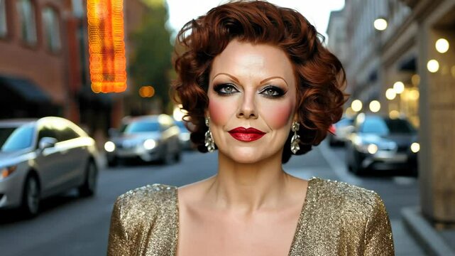 Glamorous woman strolling through vibrant city street in shimmering attire