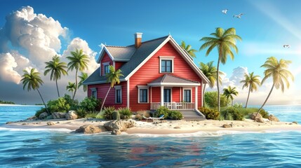A vibrant red house surrounded by palm trees on a tropical island with clear blue waters and clouds