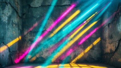 Abstract background showing light beams creating colorful shadows on grunge concrete walls.