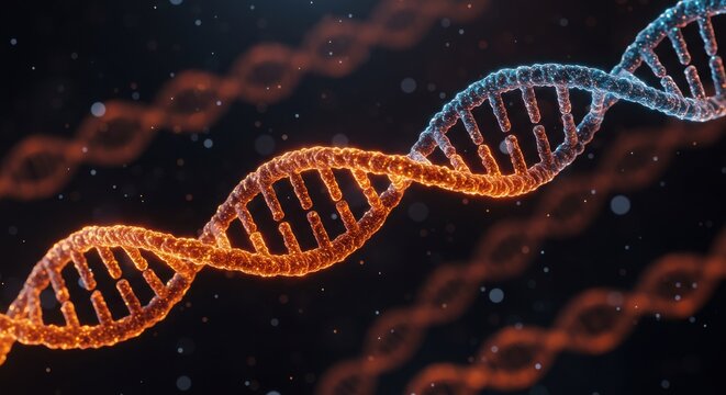 A captivating 3D rendering of a DNA helix glowing with vibrant orange and blue bioluminescence, set against a dark, atmospheric background.
