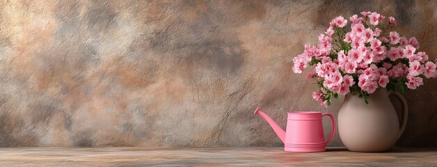 Pink geranium flowers bloom in a stone vase alongside a bright pink watering can against an old wall, showcasing a serene outdoor aesthetic