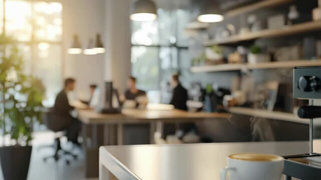 Hot coffee being poured by an espresso machine into a white cup, with steam gently rising, situated on a counter in a modern office break room, while employees work in the background
