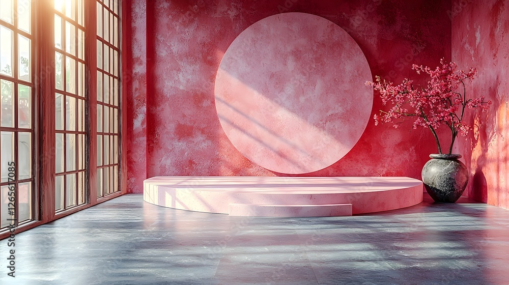 Aufkleber minimalist circular podium on pastel gradient background for product display and copy space
