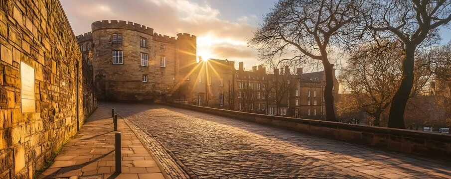 A tranquil morning scene at Nottingham Castle, with the sunlight illuminating the castle&rsquo;s stone walls, casting long shadows across the cobblestone pathway leading up to the entrance