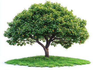 Lush fruit tree on grassy mound.