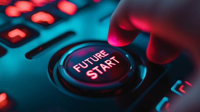 A hand poised to press a glowing button labeled "FUTURE START," surrounded by vibrant neon lights, symbolizing new beginnings and technology.