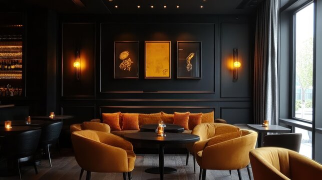 Luxurious interior showcases dark walls orange furniture and atmospheric lighting