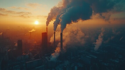 Obraz premium Sunset industrial pollution aerial city smoke stacks