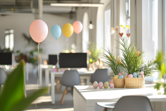 Modern office workspace decorated for Easter with pastel-colored egg-shaped balloons near each table.Easter wreaths on the walls, small baskets with colorful eggs on desks, bunny figurines, sun light