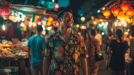 Happy tourist in a Hawaiian shirt, standing at a busy Asian night market with glowing lanterns and food stalls in the background, vibrant and energetic ambiance