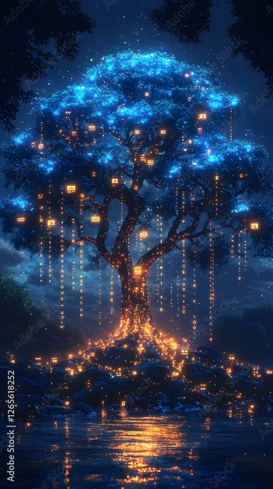 Poster glowing digital tree with roots of binary code and branches of financial data streams ai in finance 
