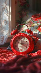 Fototapeta premium Alarm clock in a field of flowers at sunrise. Symbolizing a fresh start, new beginnings, and the beauty of a new day. Morning inspiration, hope, and the passage of time.