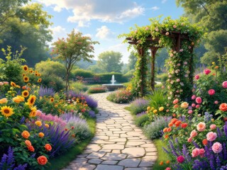 Serene Garden Pathway Surrounded by Colorful Blooms
