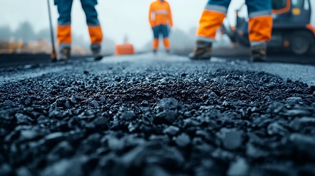 The image shows construction workers in high-visibility clothing on a road, with a focus on the asphalt surface being worked on.