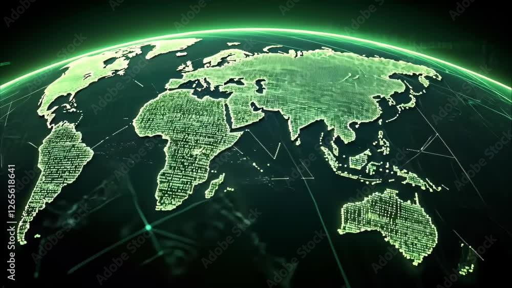 Poster a digital representation of a world map made up of green code or data, highlighting global connectiv