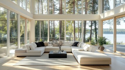 Fototapeta premium Modern living room with white sectional sofa and scenic view