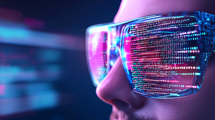 Close up of a developer debugging AI code on a transparent futuristic digital display featuring artificial intelligence cybersecurity and data analytics in a high tech innovation environment
