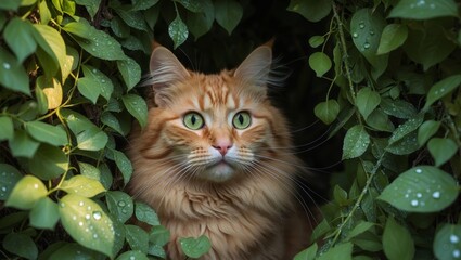 Ginger Cat Peeking Through Lush Green Foliage.
