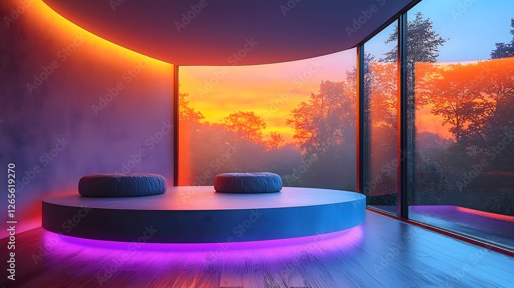 Wall mural sleek futuristic glass podium surrounded by soft ambient light and mist for minimalist product showc