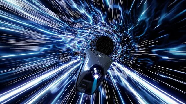 A spaceship traveling through a glowing cosmic portal, entering a new dimension in space. Concept of space-time travel and interdimensional exploration