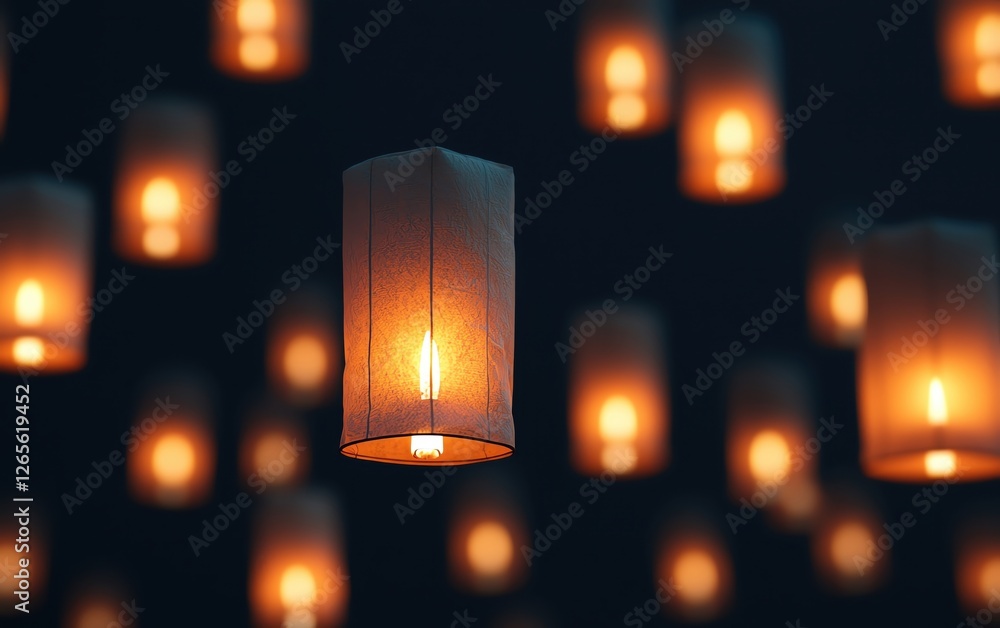 Poster beautiful lanterns illuminating a dark background, creating a serene and festive atmosphere.