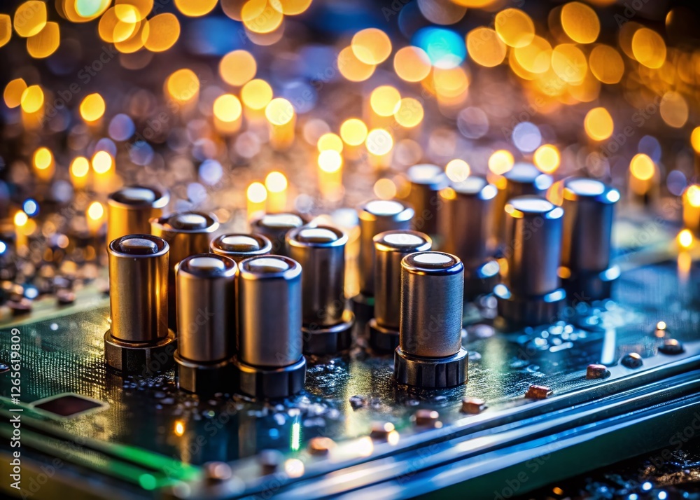 Poster bokeh effect: capacitors in computer power socket - electronic components close-up