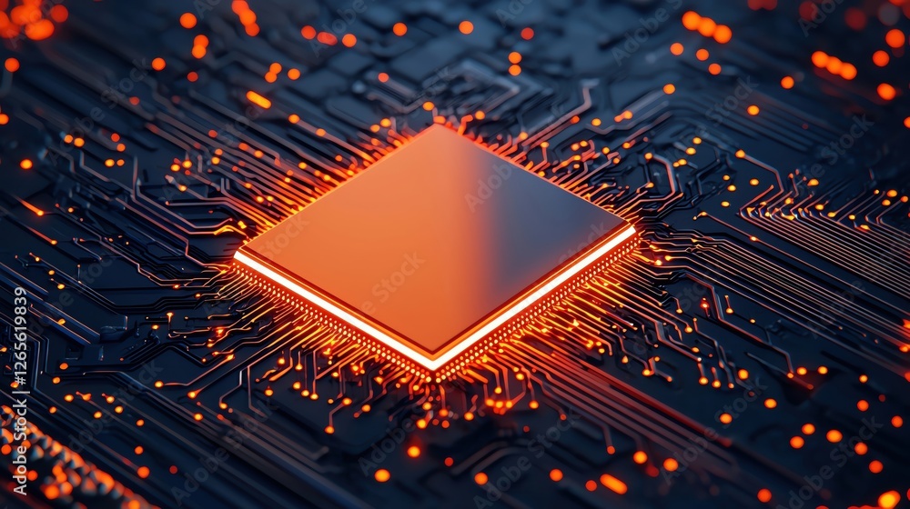 Aufkleber close-up of a glowing microchip surrounded by intricate circuitry and glowing elements.