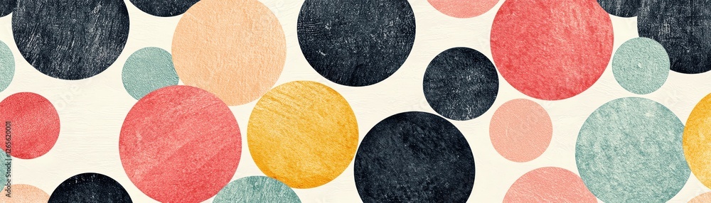 Poster an abstract design featuring colorful circles on a textured background.