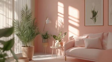Interior features a peach room with plants and soft light