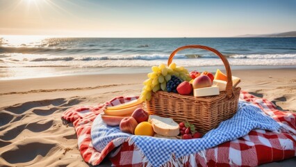 A scenic picnic overlooking the ocean, featuring a cozy setup with delicious food and a breathtaking seaside view. A perfect moment of relaxation, nature, and summer vibes by the water