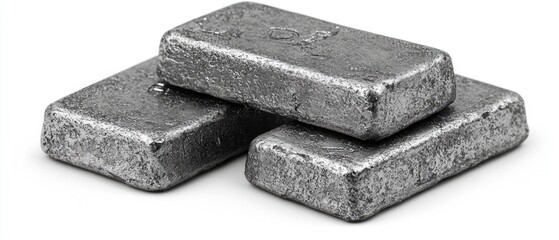 Metal ingots stacked, white background, industrial use.