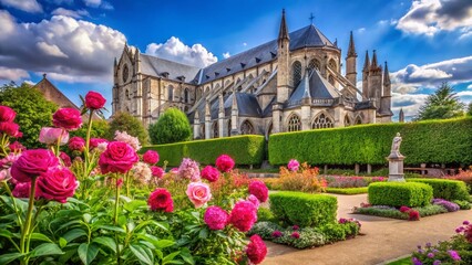 Bourges Cathedral Summer Garden: Purple Flowers & Pink Roses Sunny Day Landscape