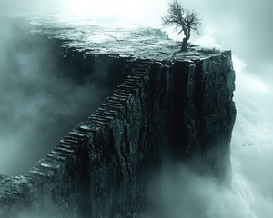 Misty clifftop steps, surreal landscape, inspirational, for wallpaper, motivational, artwork, for fantasy book cover.