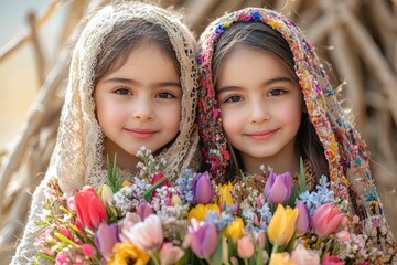 Celebrating Nowruz: Children in traditional clothes with a bouquet of spring flowers (Culture, Traditions, Holiday)