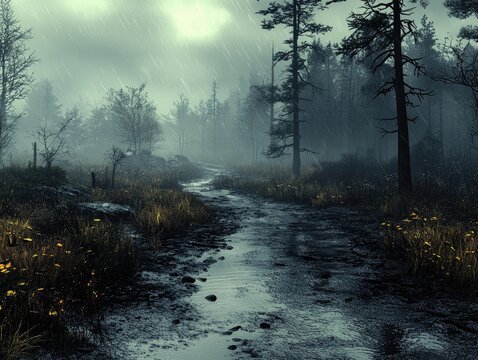 Misty forest stream rainy day scenery background.