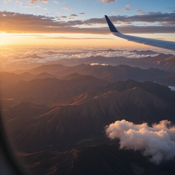Vista aerea di montagne e colline durante il tramonto dorato con cieli azzurri e nuvole dal finestrino di un aereo