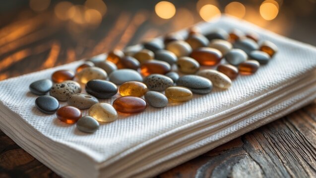 Stylish Stone Decor on Restaurant Napkin Stack.