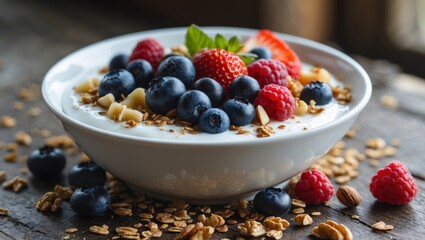 Delicious Granola Yogurt Bowl with Berries and Nuts Recipe.