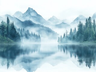 Fototapeta premium Misty mountain lake reflecting tranquil forest.