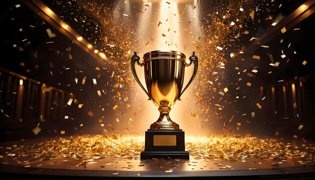 Victorious Award Ceremony with Shining Trophy and Glittering Gold Confetti